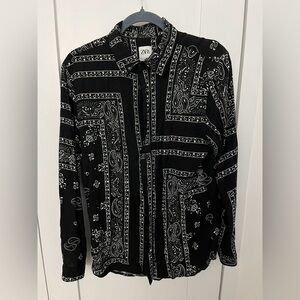 Zara Black and White Bandana Print Button Up Shirt